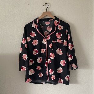 Kate Spade Black and Pink Satin Floral Pajama Top button up